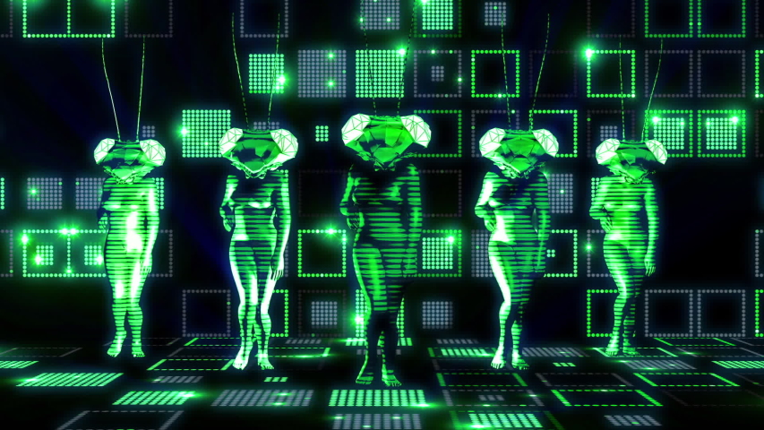 looping dancers wearing mantis helmet dancing with LED lights moving closer to the camera