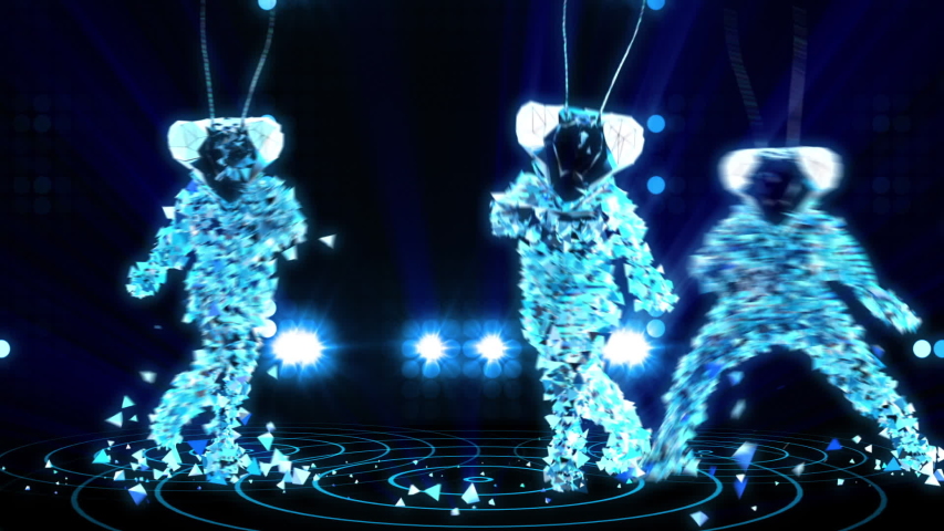 looping dancers made of particles and glowing material dancing with LED lights breaking into particles wearing mantis helmet good for dj and jv or clubbing