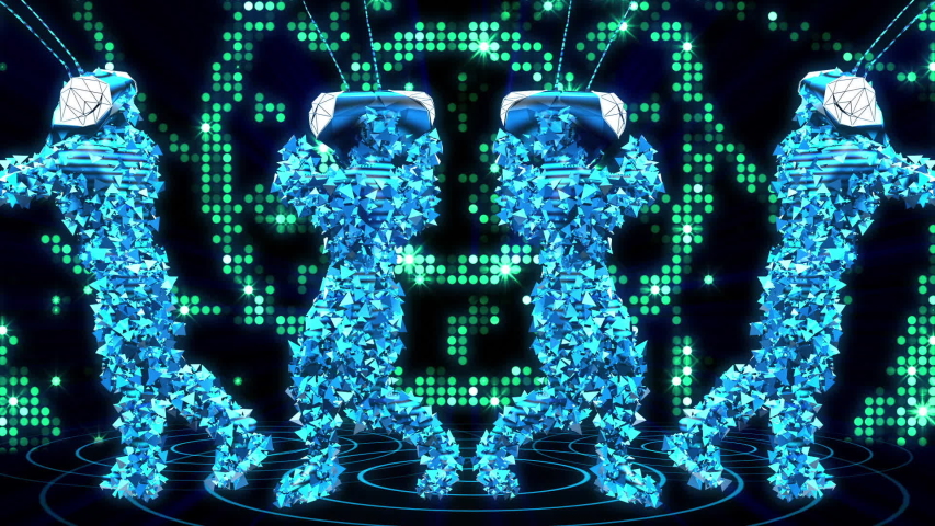 looping dancers wearing mantis helmet dancing inside LED lights and moving across the screen, colorful and vivid for dj and vj