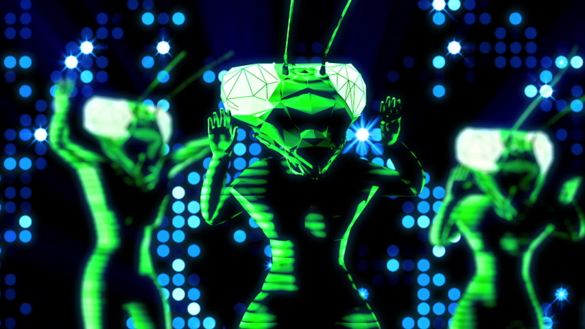 looping dancers jumping and dancing wearing LED mantis helmet, inside a digital space made of LED lights for DJ and VJ