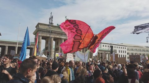 Berlin / Germany - September 20 2019: Fridays for Future demonstration at the Brandenburg Gate in central Berlin. A Crowd Of People Take to Streets Of The German Capital in a Global Strike Protesting.