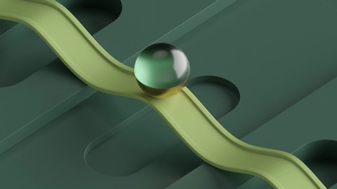 Cycled loop animation, 3d rendering of green glass ball rolling on wavy road. Cyclic motion design of simple geometric shapes. Repeating movement. Live image. Modern minimal animated poster.