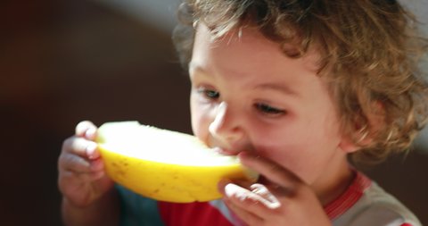 Small child taking a bite of melon fruit, toddler eating fruit, wiping mouth with arm
