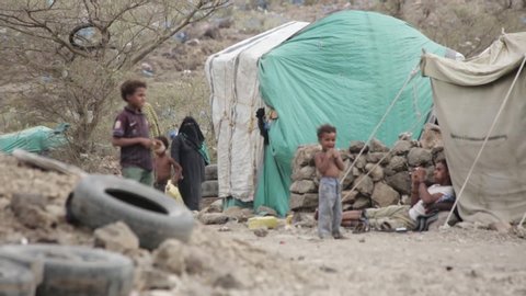 Taiz  Yemen - 11 Apr 2018 : Yemeni children live in the open in a camp for displaced people fleeing the hell of war in the city of Taiz
