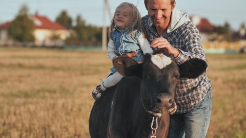 Father planted a one-year-old daughter on a cow and poses.