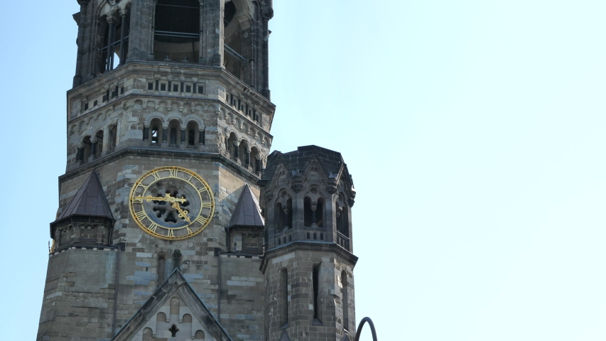 Kaiser Wilhelm Memorial Church aka Gedachtniskirche, Landmark of Berlin Germany, Clock Tower Tilt Up