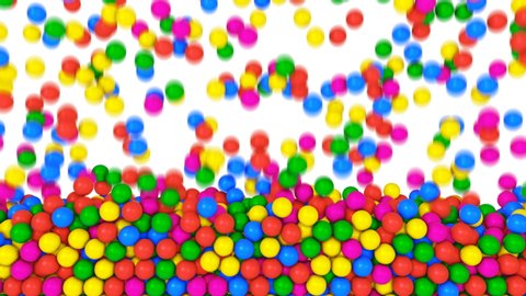 Pile of gumballs fill screen with colorful rolling and falling balls. Multicolored spheres in pool for children fun abstract transition. Bright 3D animation for composite overlay.