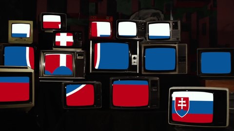 Retro TVs and the National Flag of Slovakia. Zoom In. 
