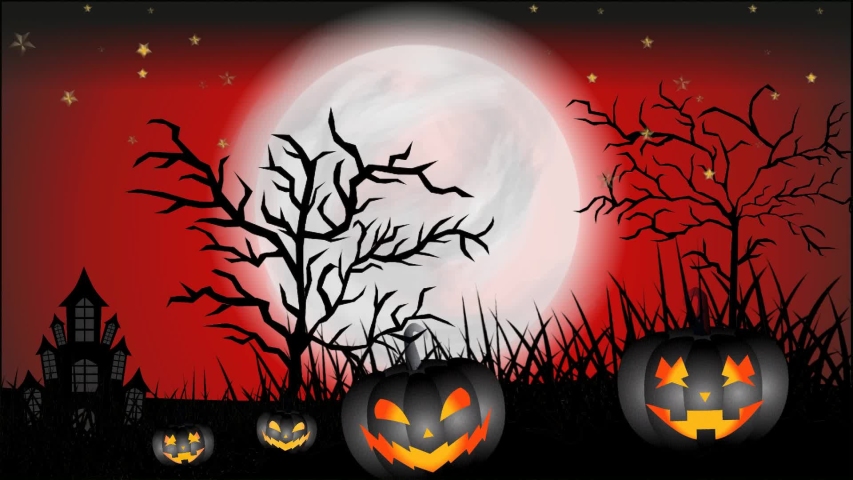Halloween background animation. scary red night with shining stars, moon, trees, animated grass, haunted castle and laughed pumpkins. animated halloween | Shutterstock HD Video #1038645863