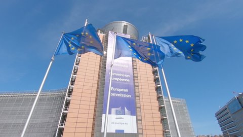 BRUSSELS, BELGIUM - AUGUST 2019; European Union Flags In Front Of Berlaymont Building