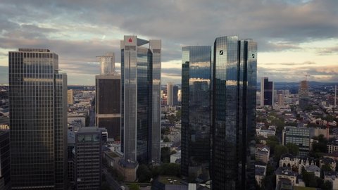 05 October 2019 Frankfurt am Main, Germany. Aerial flying over the futuristic skyline the business and financial centre of Frankfurt am Main. Landmark of Western Europe.