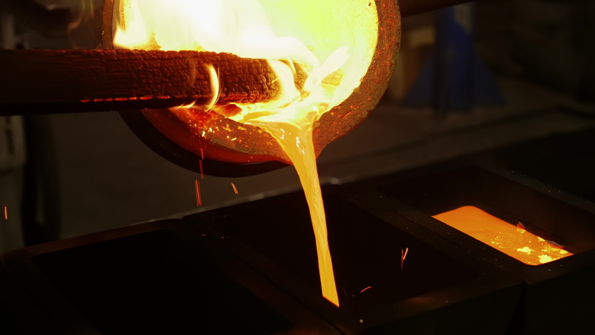 Liquid Gold is Pouring to Ladle of Golden Bar, Precious Metal Production, Induction Furnace, Beautiful Factory Scene | Shutterstock HD Video #1038664448