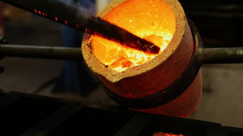 Hot Liquid Gold is Pouring From Big Vessel to the Ingot Shape, Ladle, Gold Bars and Precious Metal Production Factory, Induction Furnace