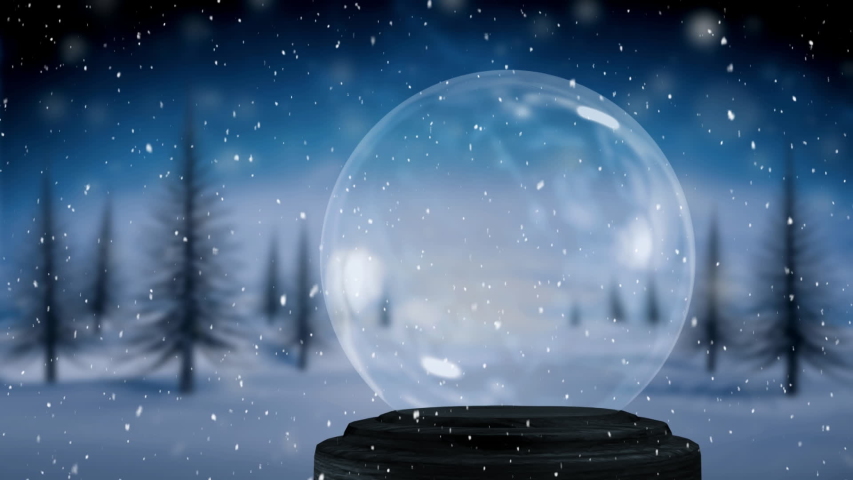 Animation of an empty snow globe, with countryside and trees with falling snow against a night sky in the background   Royalty-Free Stock Footage #1038667049