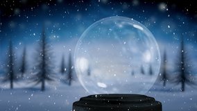 Animation of an empty snow globe, with countryside and trees with falling snow against a night sky in the background   - Powered by Shutterstock - Get 15% off with code: PIKWIZARD15
