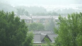 Summer pouring rain in city. Top view on green trees and roofs of houses. 4K video