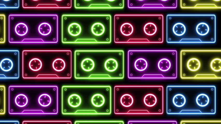 Audio cassette tape background with many neon mix tapes in various bright colours. Nostalgia old school eighties looping background. | Shutterstock HD Video #1038671519