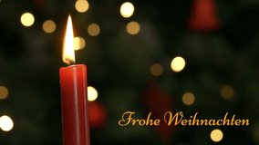 Animation of the words Frohe Weihnachten written in orange with lit candle and flickering lights in the background - Powered by Shutterstock - Get 15% off with code: PIKWIZARD15