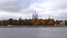 View of the dome of the Smolny Cathedral, cloudy October day (timelapse). Saint Petersburg 