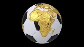 Realistic soccer ball isolated on black screen. 3d seamless looping animation. Detailed gold world map on black and white soccer ball. Concept football earth globe. Sport design element.