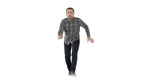 Young crazy man dancing and wanking forward on white background.