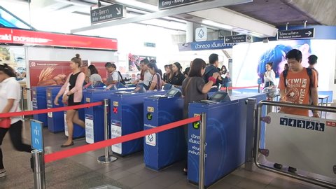 Bangkok, Thailand - May 25, 2019: People passing through a ticket gate in Bangkok MRT. People choose to use the BTM train as an alternative to travel. Bangkok underground access system.  