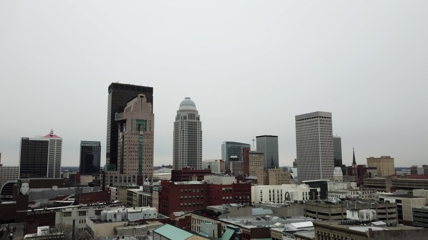 4k aerial view from drone of downtown Louisville, Kentucky, USA on a winter day