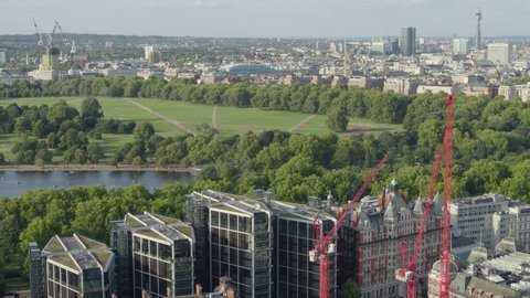 Hyde Park, London, Cinematic aerial establish shot of the capital