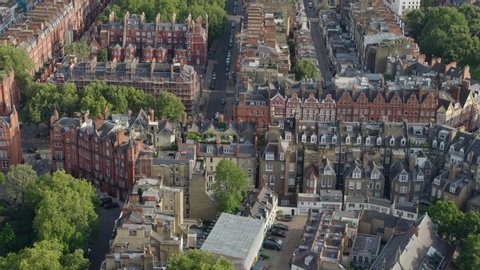 London Knightsbridge, aerial establishing shot of Grade 2 listed properties in South Kensington