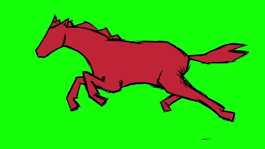 Running horse cartoon character. 24Fps seamless looping animation with alpha channel and alternative greenbox. Linear doodle crazy contour. Good for any project.