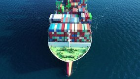 Aerial drone tracking video of Container cargo Ship carrying load in truck-size colourful containers cruising the deep blue Pacific ocean