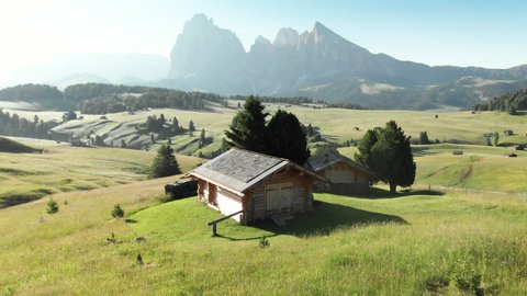 Aerial footage of beautiful alpine landscape in the Dolomites with blooming meadows and traditional wooden mountain huts in golden morning light at sunrise, Alpe di Siusi, South Tyrol, northern Italy