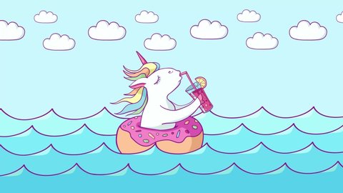 Cute unicorn on donut swimming ring. Summer time. Magic unicorn drinking a cocktail at sea . Cartoon flat style illustration.  Stock Video