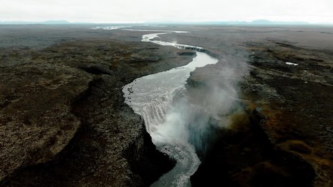 Aerial approaching view of Dettifoss waterfall in North Iceland Video de stock
