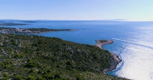 Drone video of Beautiful nature and landscape in Razanj Croatia Europe. Nice sunny colorful day at Adriatic Sea in Dalmatia. Calm, peaceful and happy outdoors.