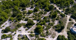 Drone video of Beautiful nature and landscape in Razanj Croatia Europe. Nice sunny colorful day at Adriatic Sea in Dalmatia. Calm, peaceful and happy outdoors.