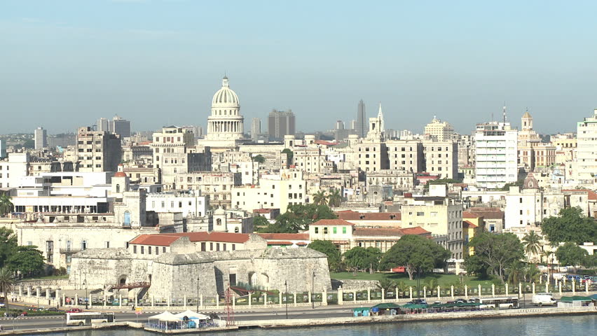 Wide view showing the central, historical district of Havana Cuba. El Capitolio and the Jose Marti Memorial are visible in the distance.