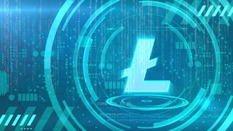 Litecoin symbol rotating on a cyan background with animated HUD elements related to computer technology. Loopable animation.