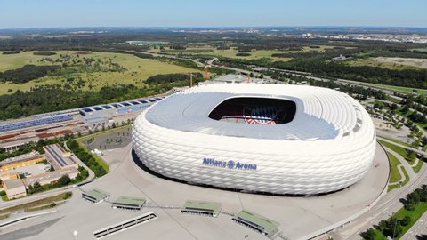 MUNICH, GERMANY - CIRCA 2019:  Aerial view of Allianz Arena, a modern Bavarian football stadium