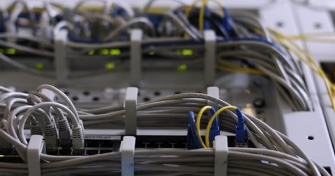 Panning Along The Server Racks In High Tech Internet Data Center Room