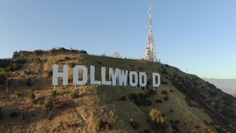 Los Angeles, California, USA - Oct 1 2019: Hollywood Sign At Sunset Aerial Shot Rotate Right