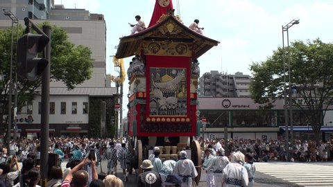 KYOTO, JAPAN - 17 JULY 2019 : Scenery of GION MATSURI (FESTIVAL). Famous and biggest annual summer event in Japan. View of Yamahoko Float Procession, Saki Matsuri, or Pre-Festival Procession.