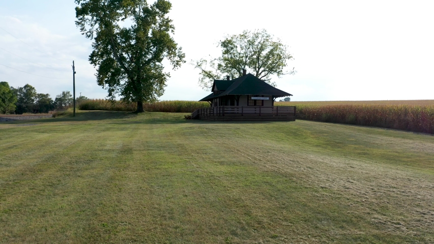 Aerial push in and ascending over train station in Charlestown, West Virginia.