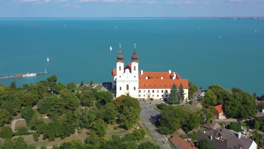 Beutiful church in summer at the lake Balaton. Tihany town, Hungary
Recorded with a DJI Mavic 2 pro UHD 4K 30 fps