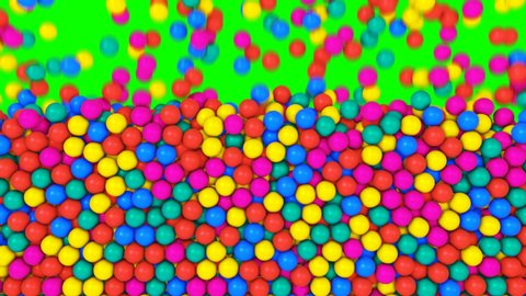 Pile of gumballs fill screen with colorful rolling and falling balls. Multicolored spheres in pool for children fun abstract transition. Bright 3D animation for composite overlay with green screen key
