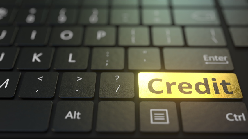 Black computer keyboard and gold credit key. Conceptual 3D animation