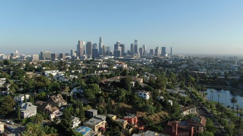 Los Angeles Skyline From Echo Park Lake Zoom In Right Aerial Shot