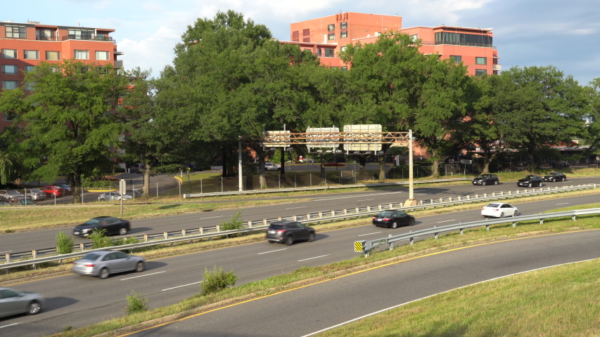 Cars drive down the Highway in Arlington, Virginia near the Rosslyn neighborhood, just outside of Washington DC USA