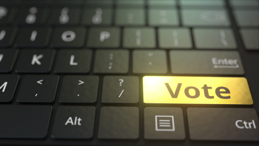 Black computer keyboard and gold vote key. Conceptual 3D animation