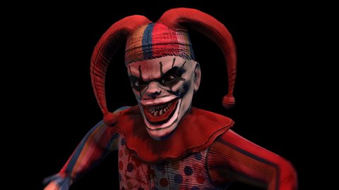 Creepy seamless animation of an horror clown with a knife and color strobe lights. Halloween background of a terror character stabbing with blood splashes